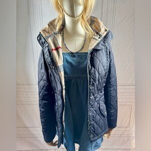 Barbour quilted blue coat with plaid lining. Size 8. Hooded